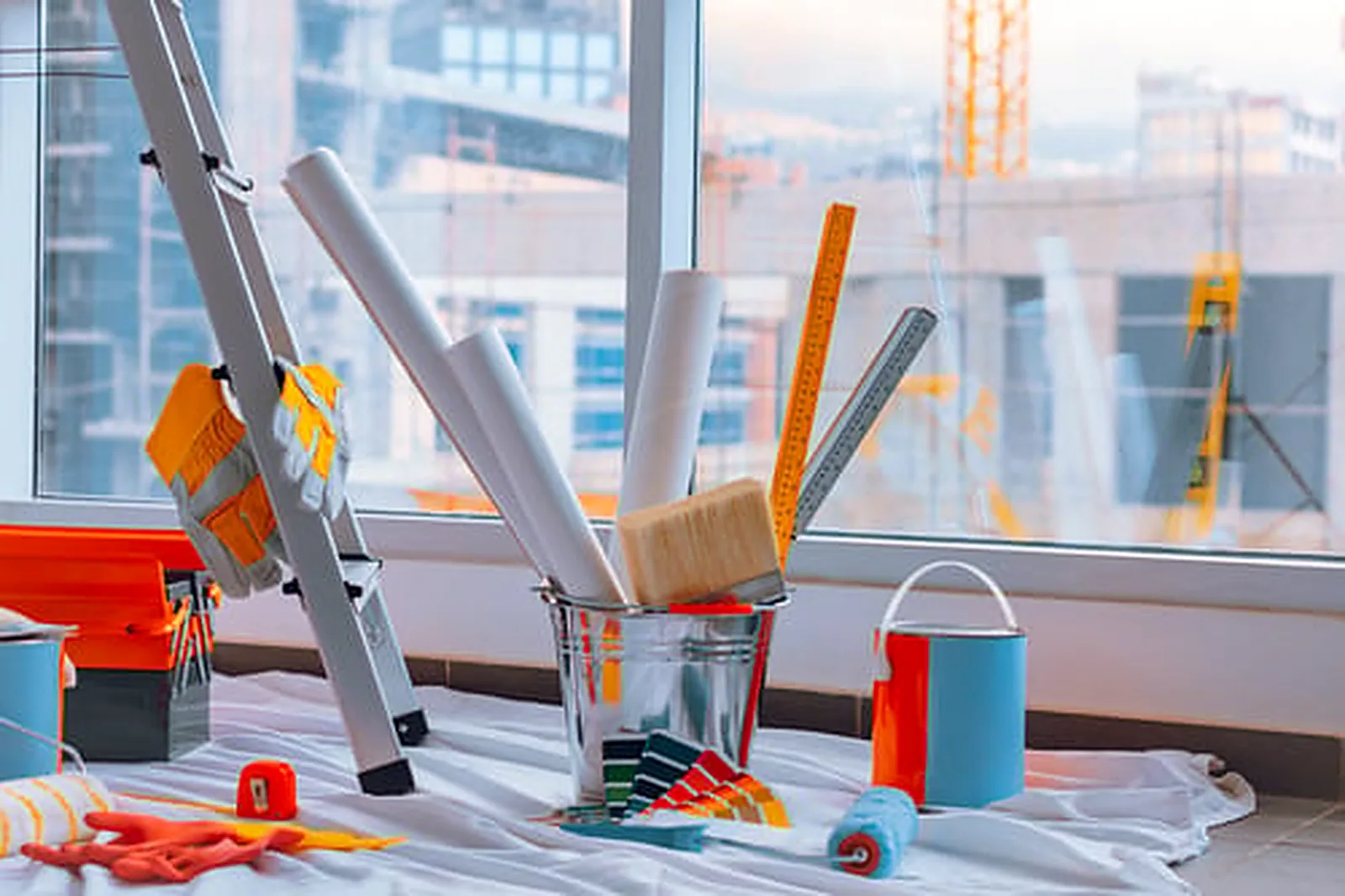 Painting brushes, roller and color swatches staged on a drop cloth overlooking a commercial high-rise job site