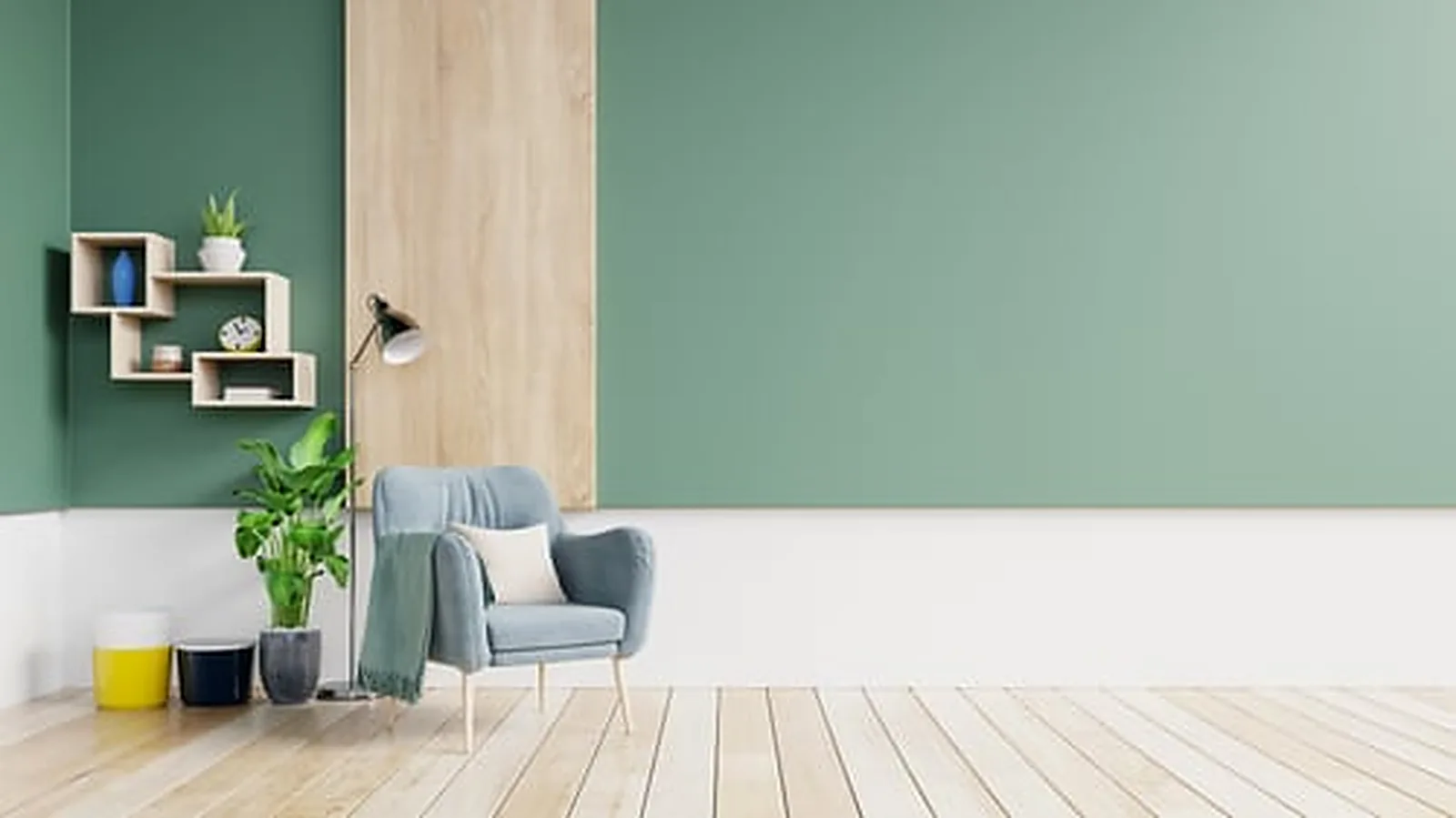 Freshly painted living room with sage green accent wall and crisp white trim by a Berkeley interior painting team